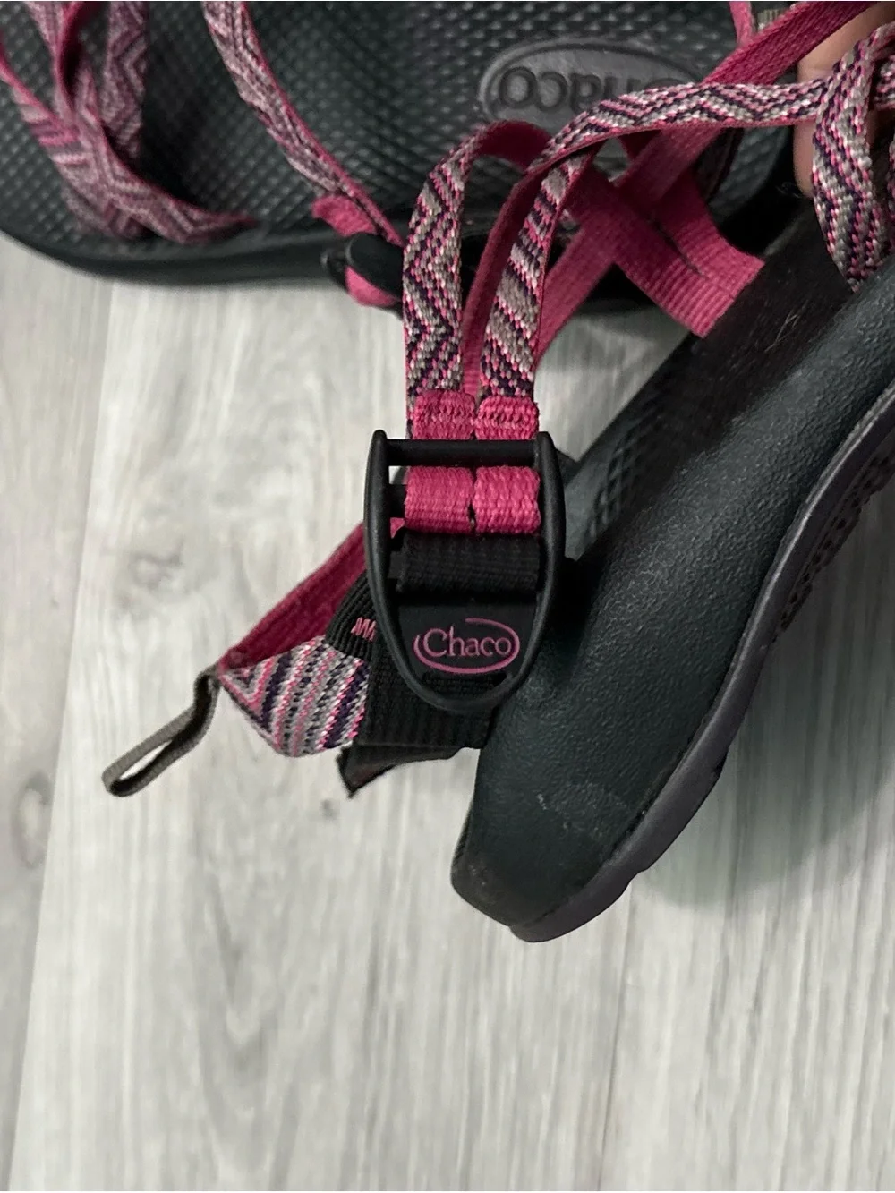 Chaco Girls Pink Patterned Strap Sandals on Black Footbed